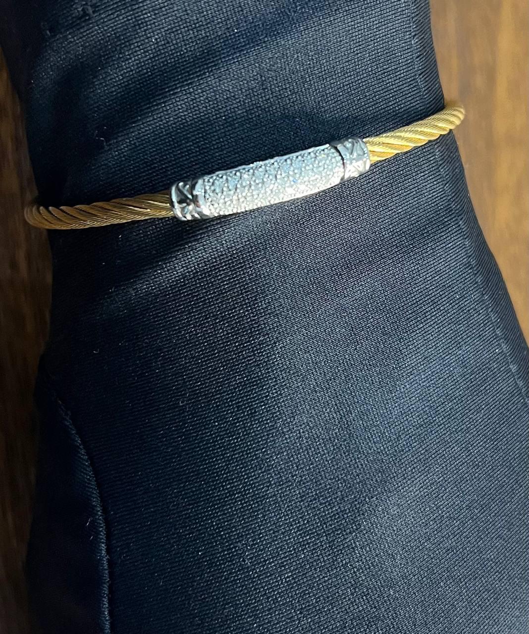 Yellow Steel Cable Row 18K White Gold Diamonds Pave Filigree Statement Bracelet