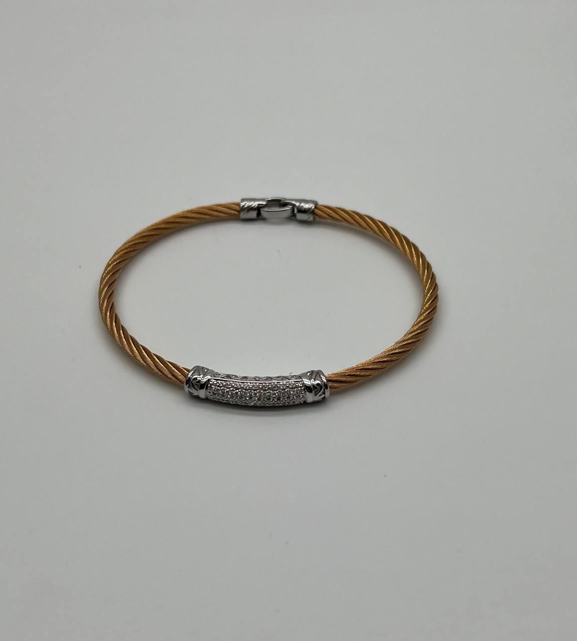 Yellow Steel Cable Row 18K White Gold Diamonds Pave Filigree Statement Bracelet