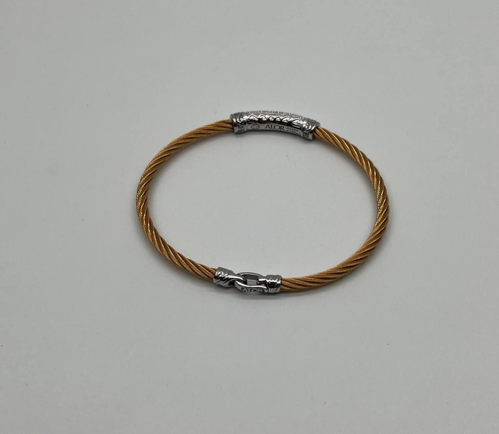 Yellow Steel Cable Row 18K White Gold Diamonds Pave Filigree Statement Bracelet