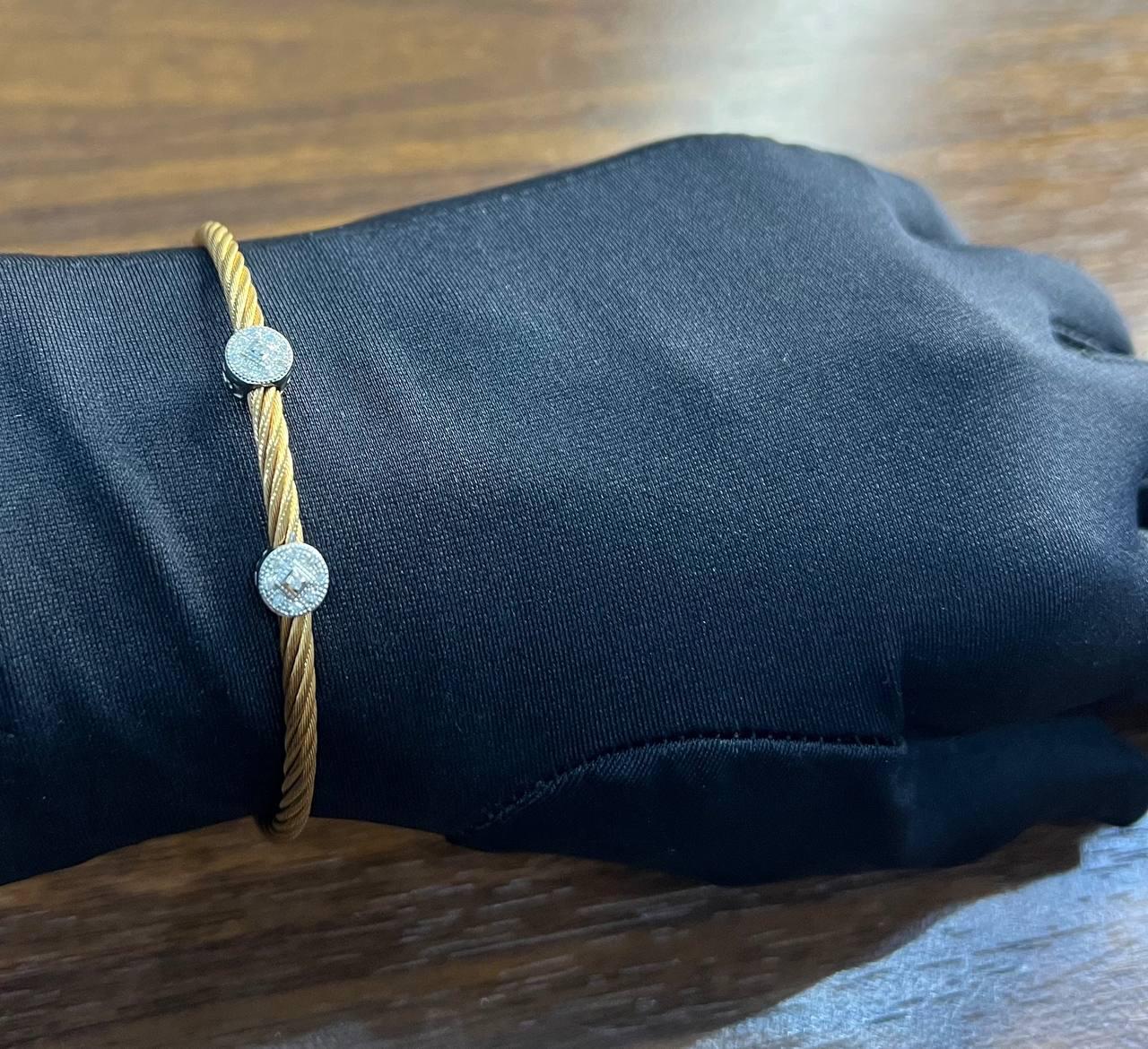 Yellow Cable Row 18K White Gold Diamonds Filigree Statement Twisted Bracelet