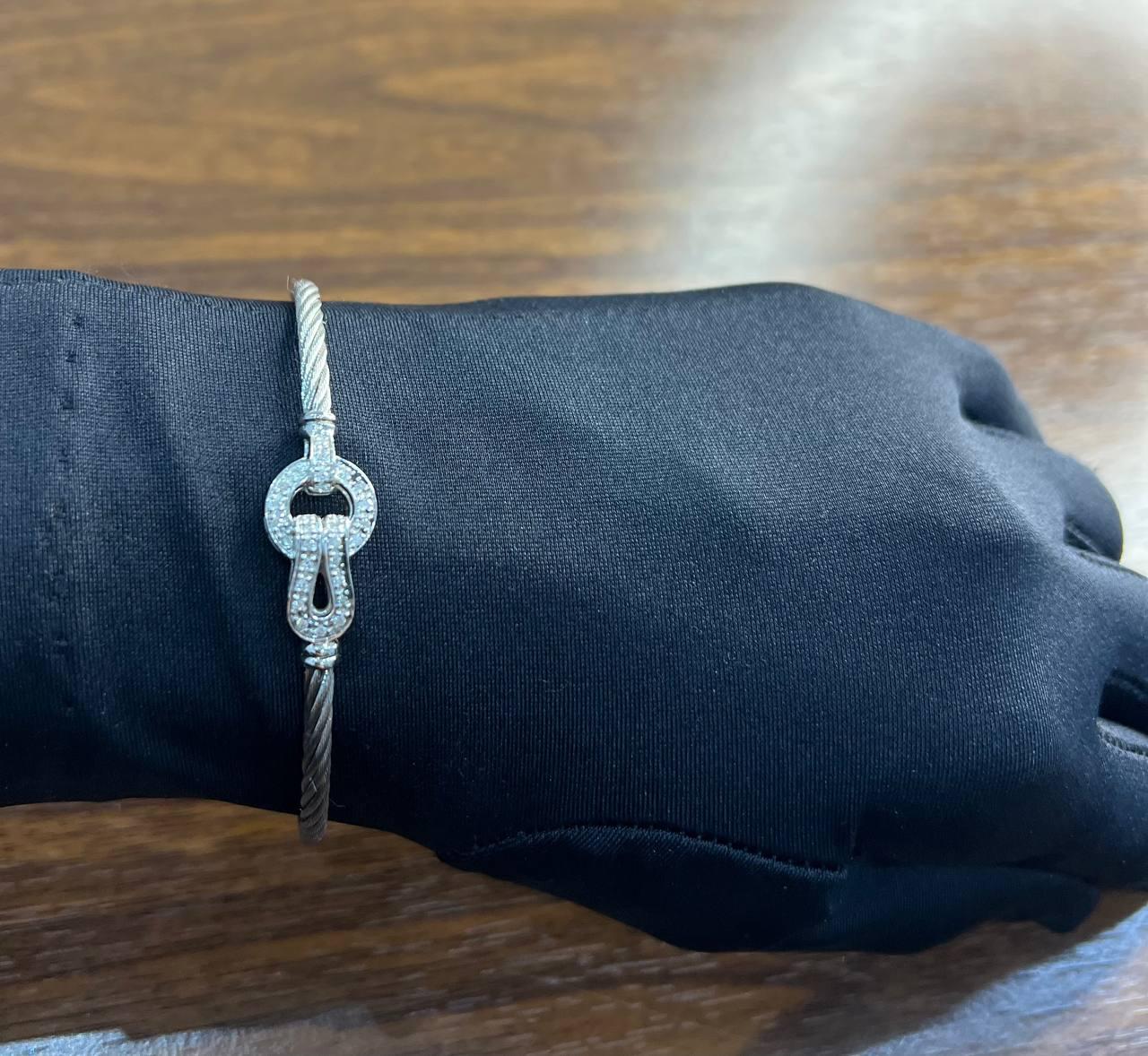 Silver Cable Row 18 Karat White Gold Diamonds Filigree Statement Symbol Bracelet