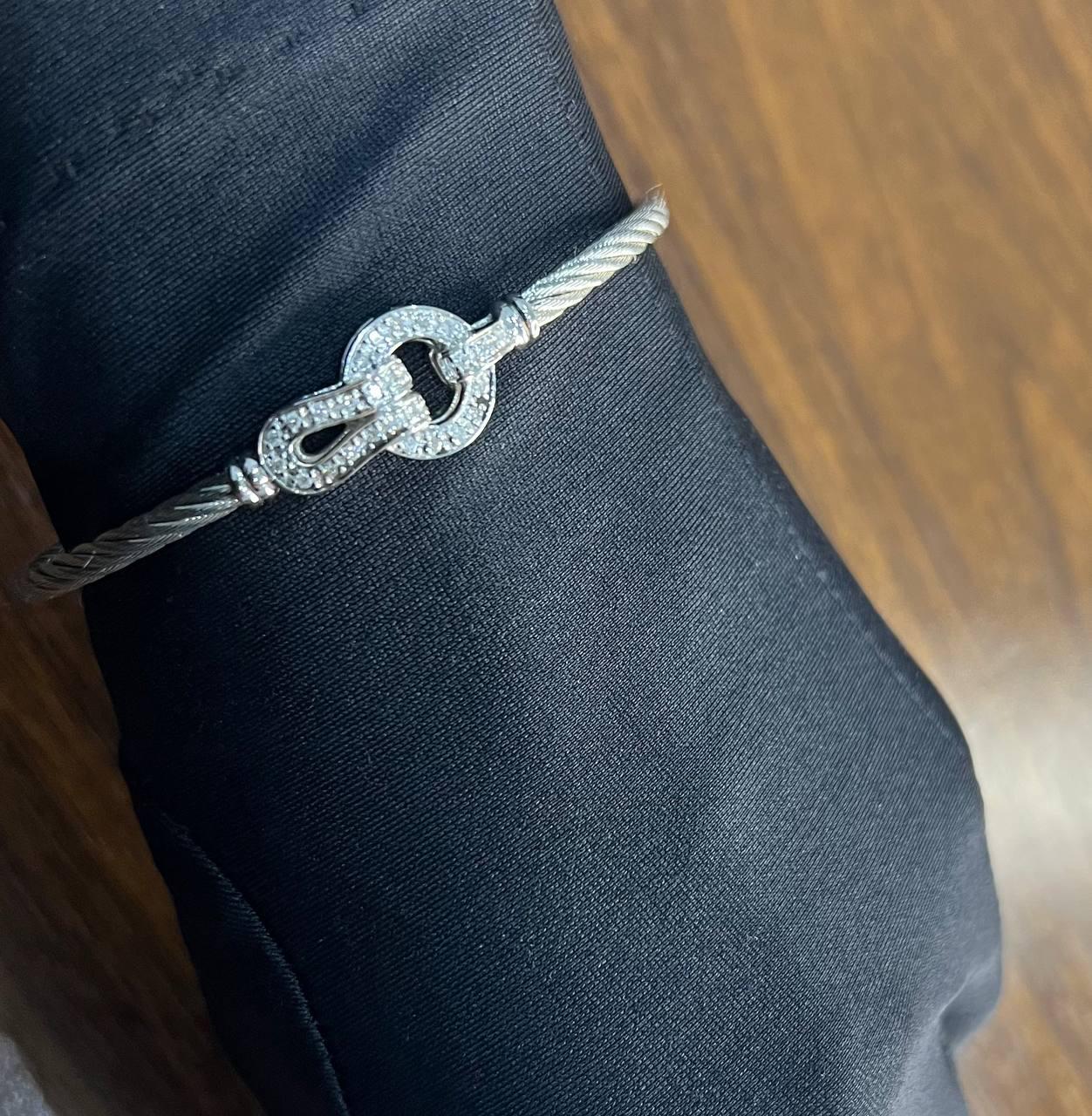 Silver Cable Row 18 Karat White Gold Diamonds Filigree Statement Symbol Bracelet