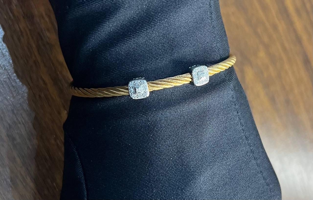 Yellow Cable Row 18 Karat White Gold Diamonds Filigree Statement Steel Bracelet