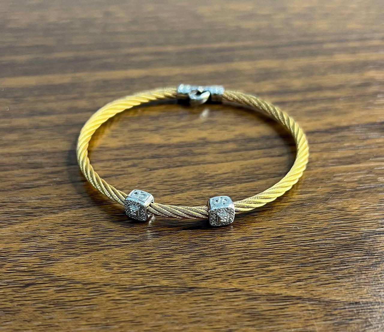 Yellow Cable Row 18 Karat White Gold Diamonds Filigree Statement Steel Bracelet