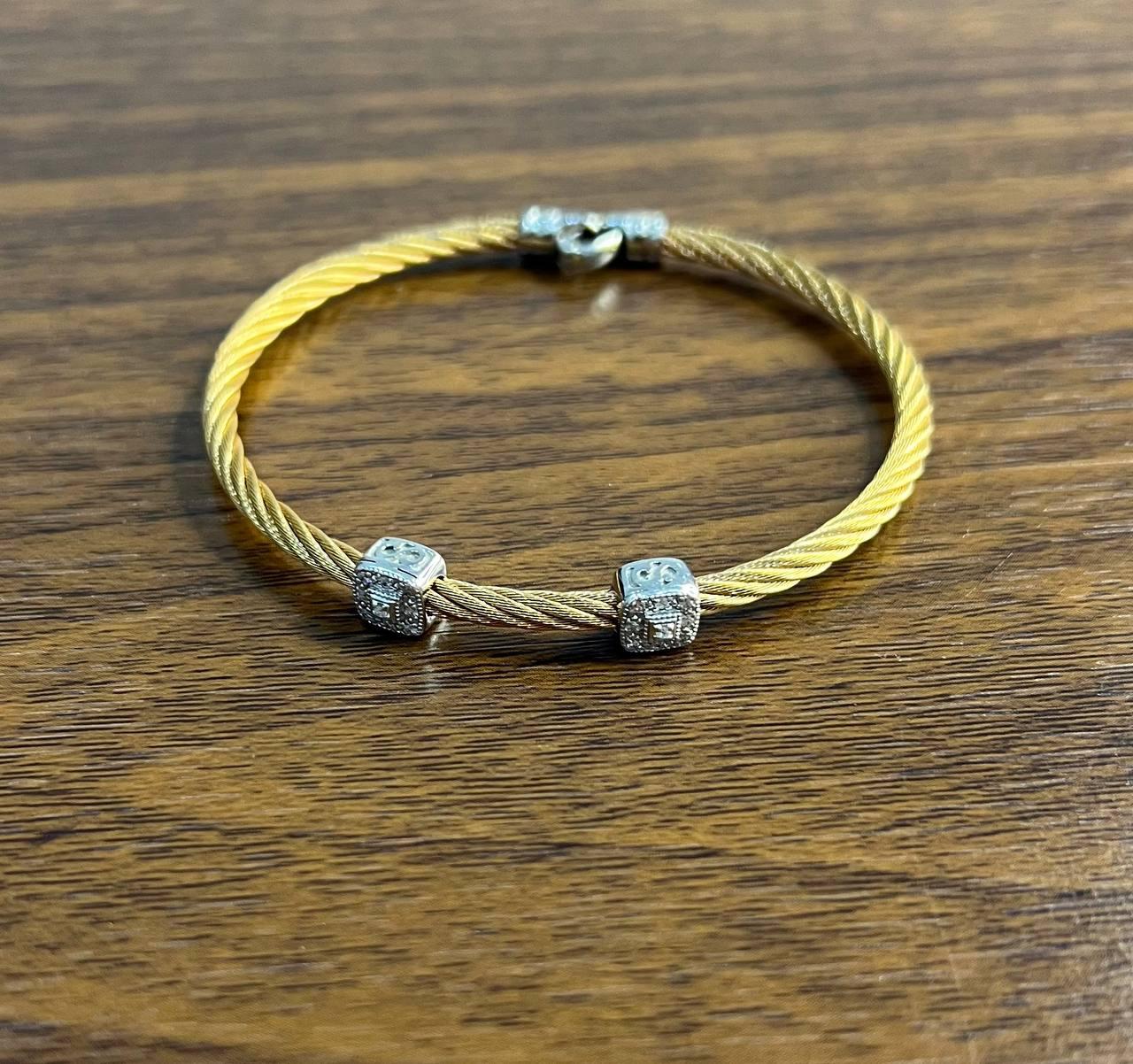 Yellow Cable Row 18 Karat White Gold Diamonds Filigree Statement Steel Bracelet