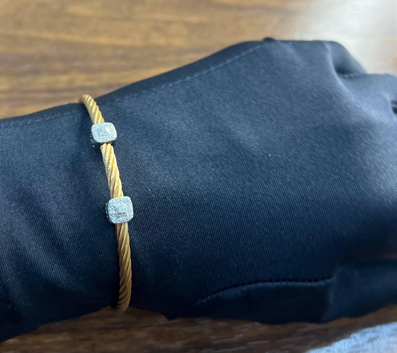 Yellow Cable Row 18 Karat White Gold Diamonds Filigree Statement Steel Bracelet