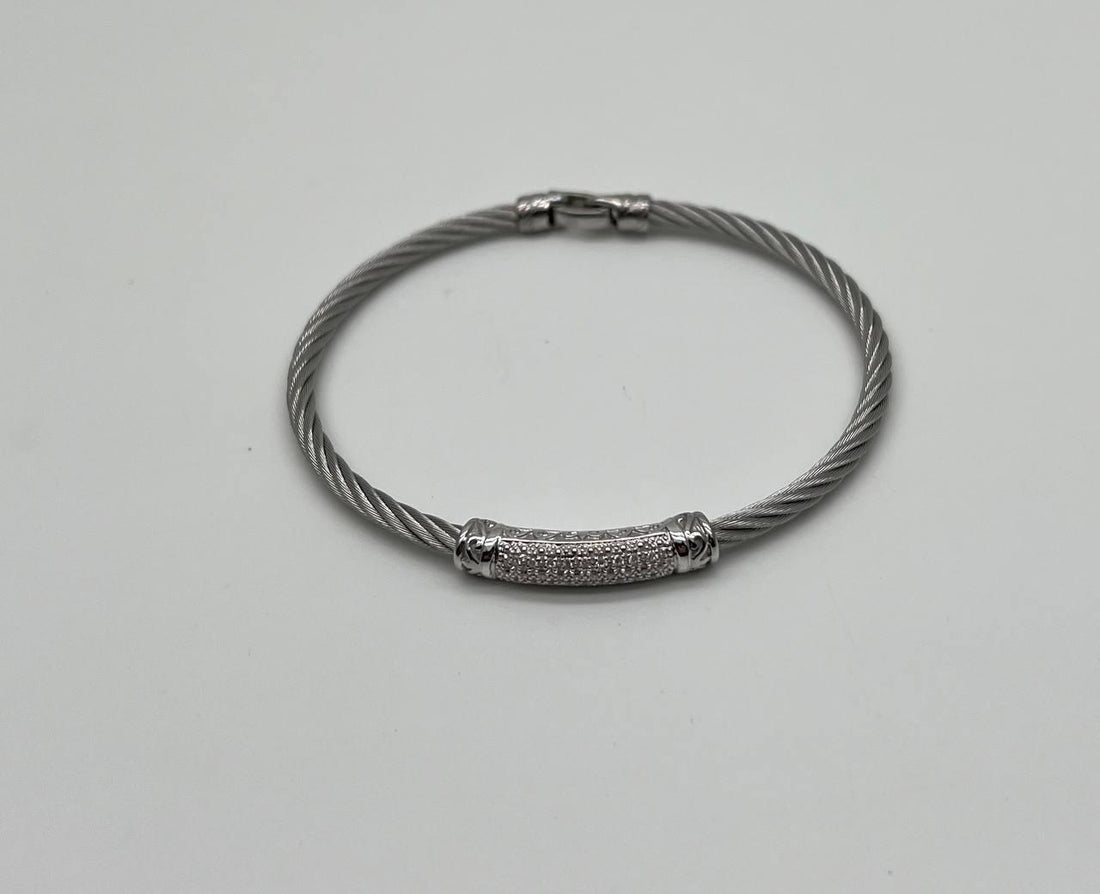 Silver Cable Row 18K White Gold Diamonds Filigree Statement Twisted Bracelet