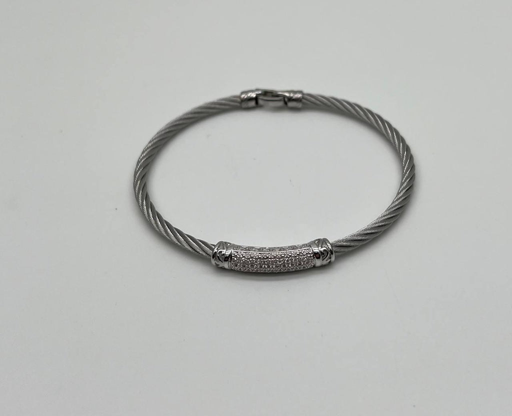 Silver Cable Row 18K White Gold Diamonds Filigree Statement Twisted Bracelet