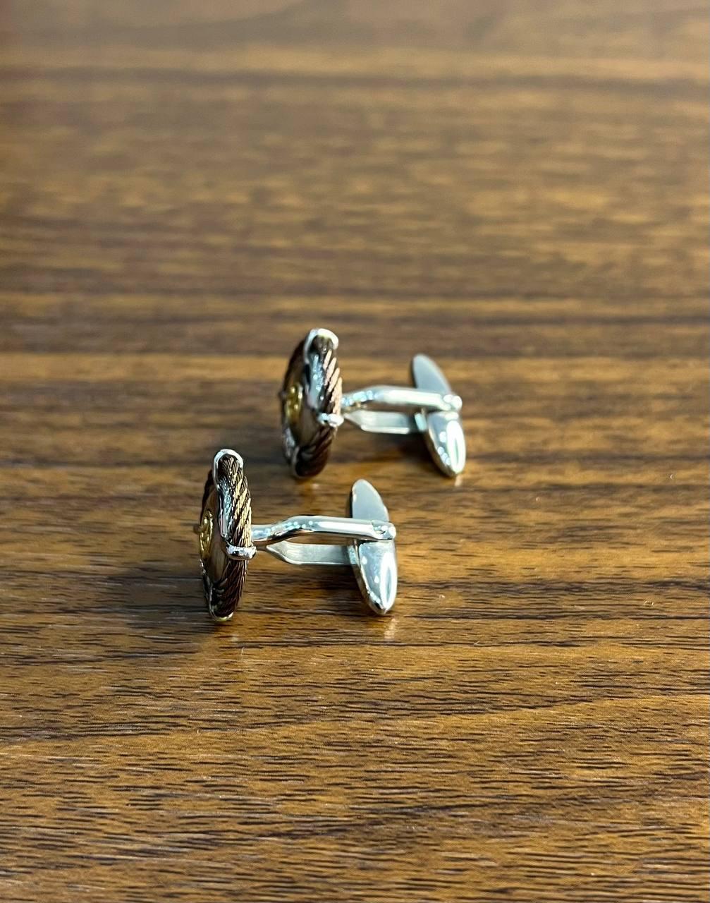 Brown White Steel Cable Row 18 Karat Yellow Gold Statement Twisted Cufflinks