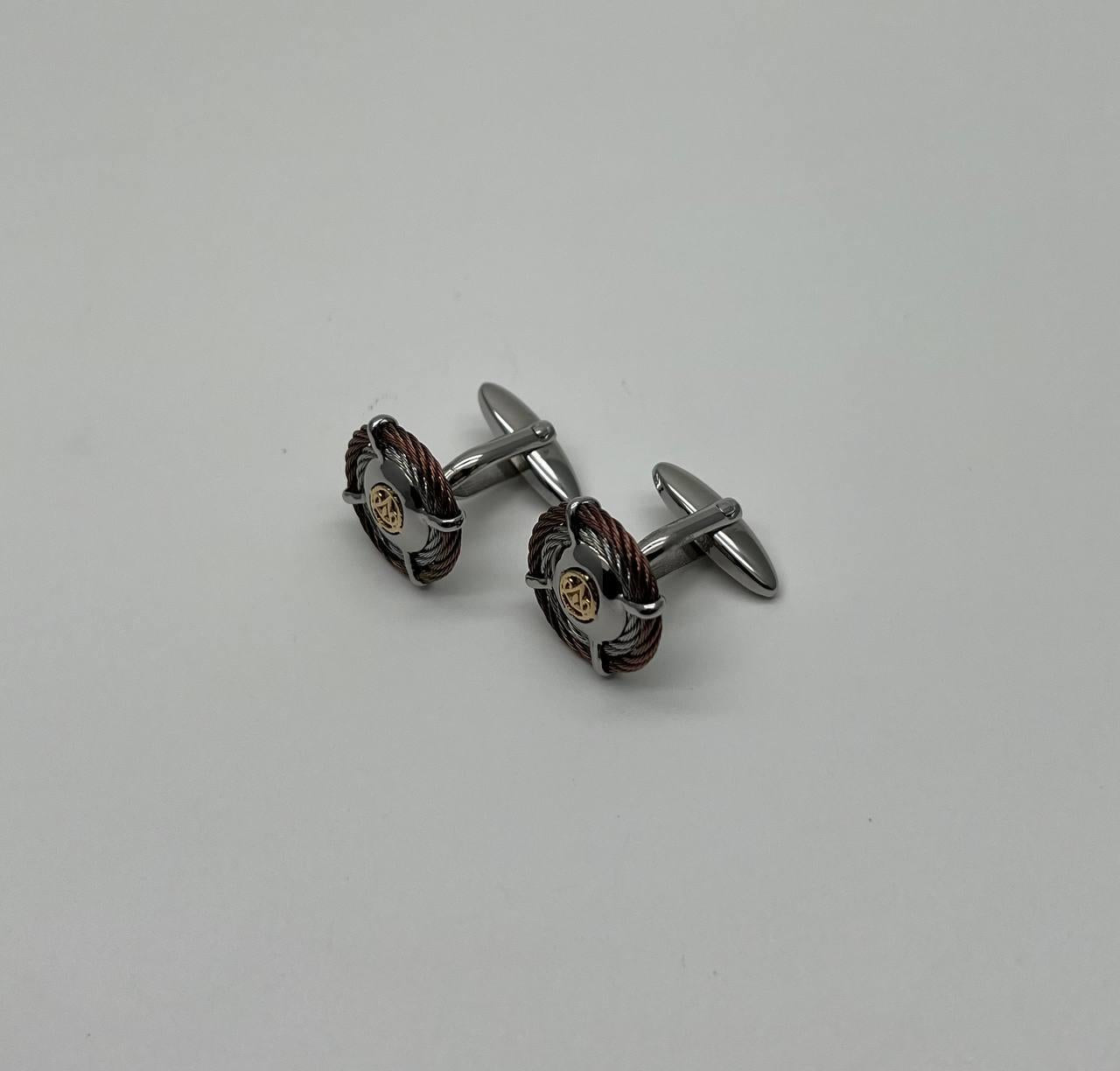Brown White Steel Cable Row 18 Karat Yellow Gold Statement Twisted Cufflinks