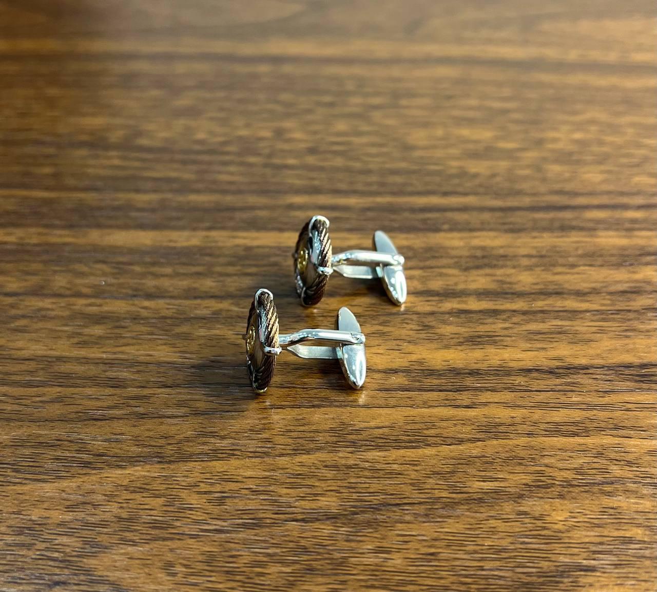 Brown White Steel Cable Row 18 Karat Yellow Gold Statement Twisted Cufflinks