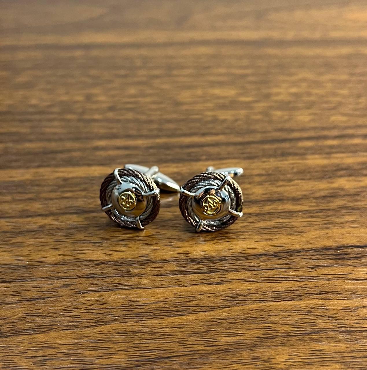 Brown White Steel Cable Row 18 Karat Yellow Gold Statement Twisted Cufflinks