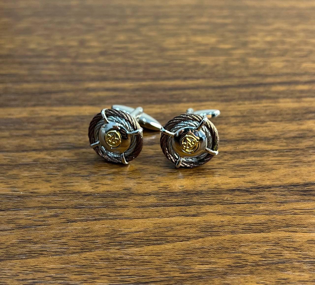 Brown White Steel Cable Row 18 Karat Yellow Gold Statement Twisted Cufflinks