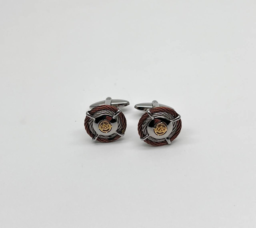 Brown White Steel Cable Row 18 Karat Yellow Gold Statement Twisted Cufflinks
