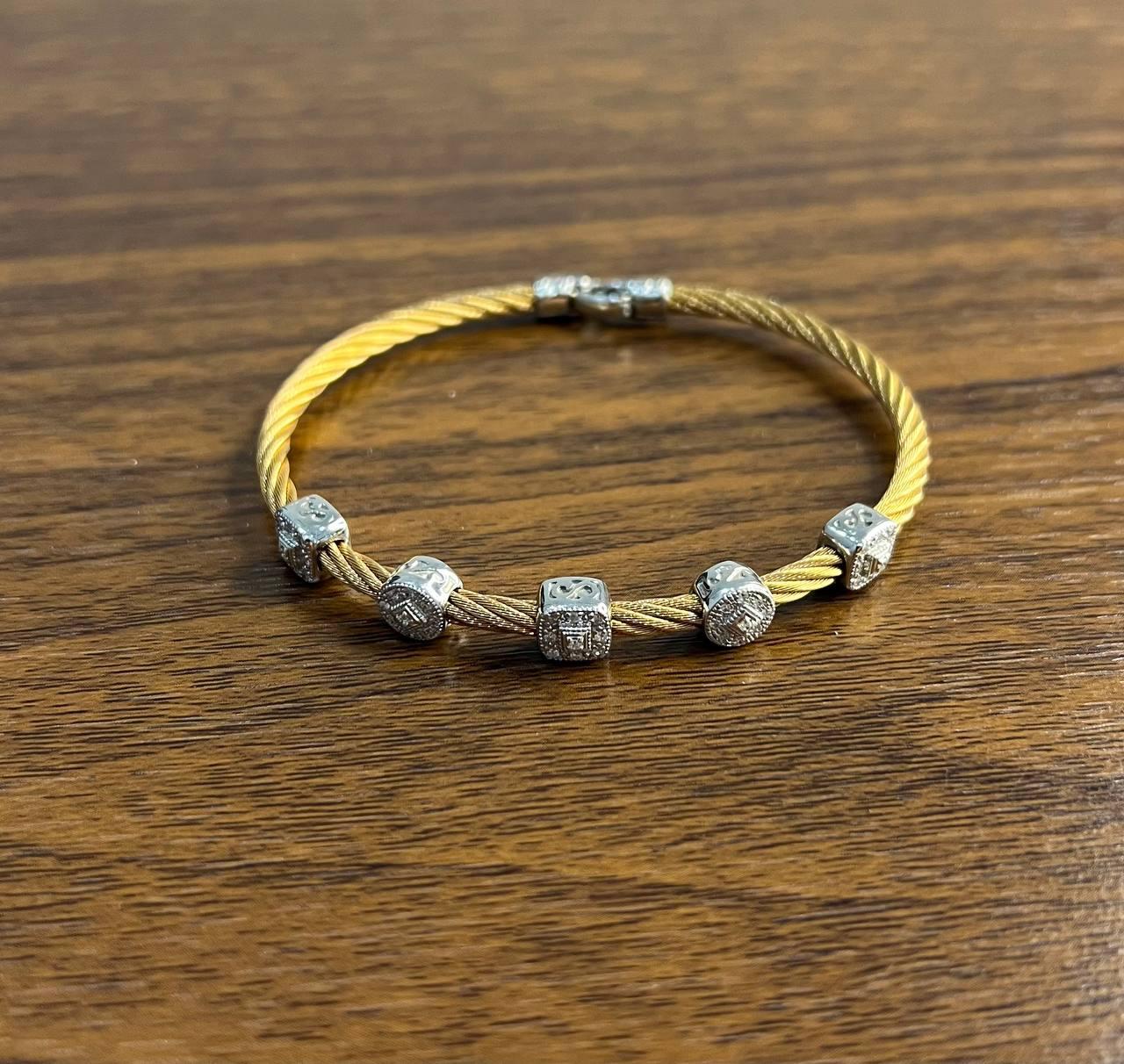 Yellow Cable Row 18K White Gold Diamonds Filigree Statement Twisted Bracelet