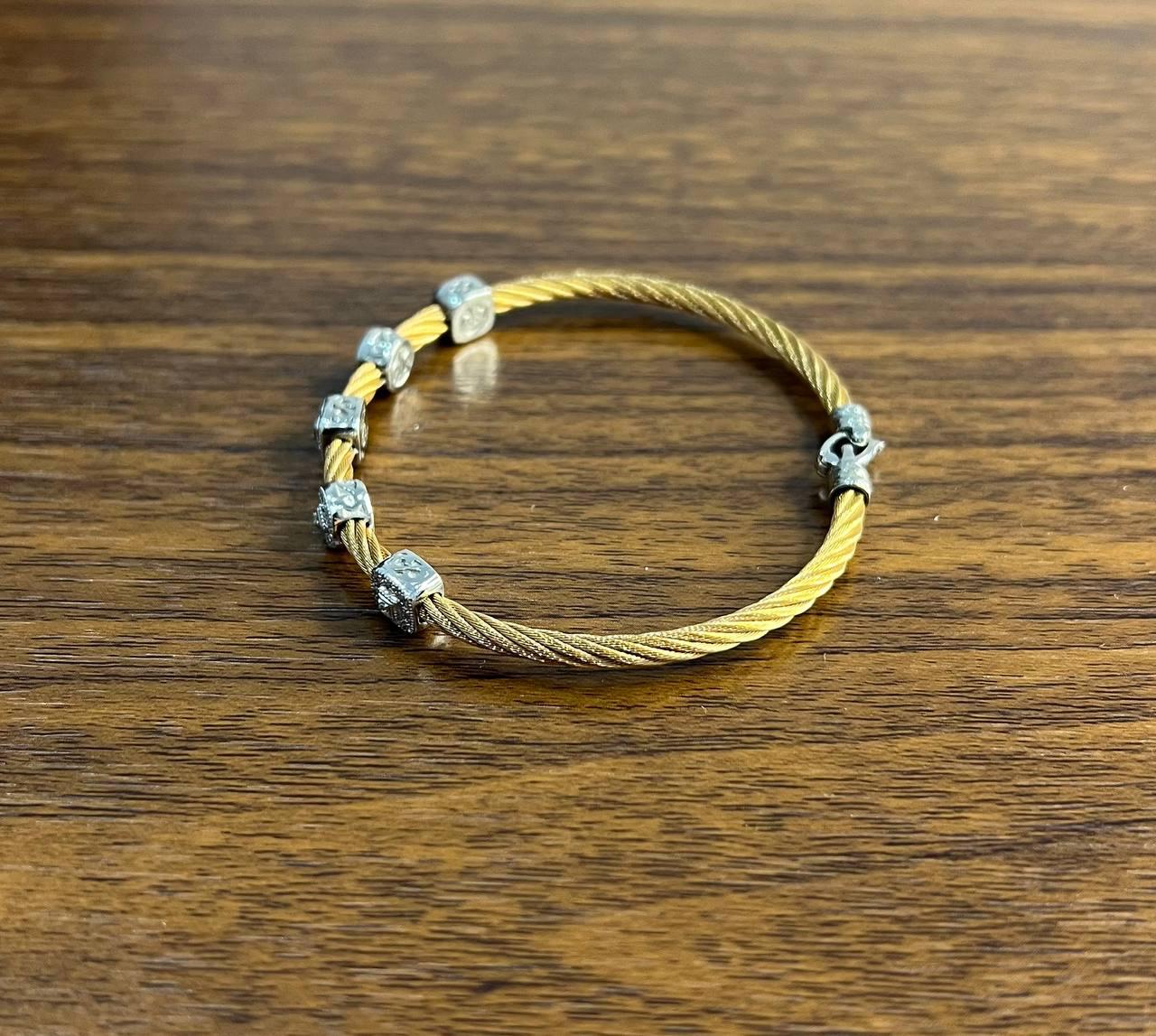 Yellow Cable Row 18K White Gold Diamonds Filigree Statement Twisted Bracelet