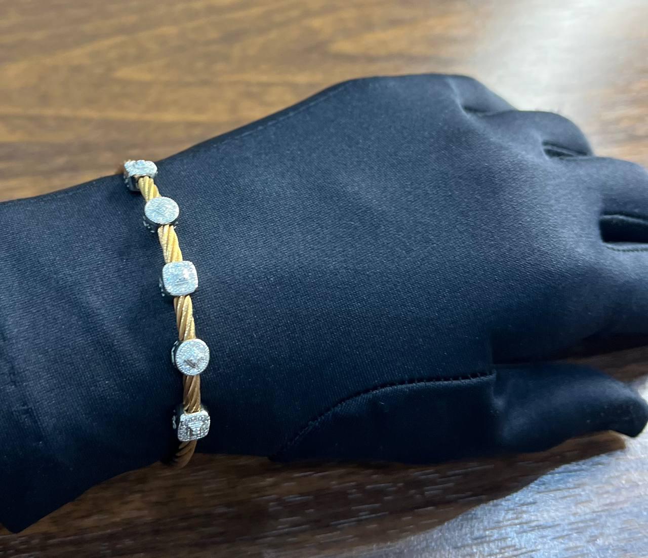 Yellow Cable Row 18K White Gold Diamonds Filigree Statement Twisted Bracelet