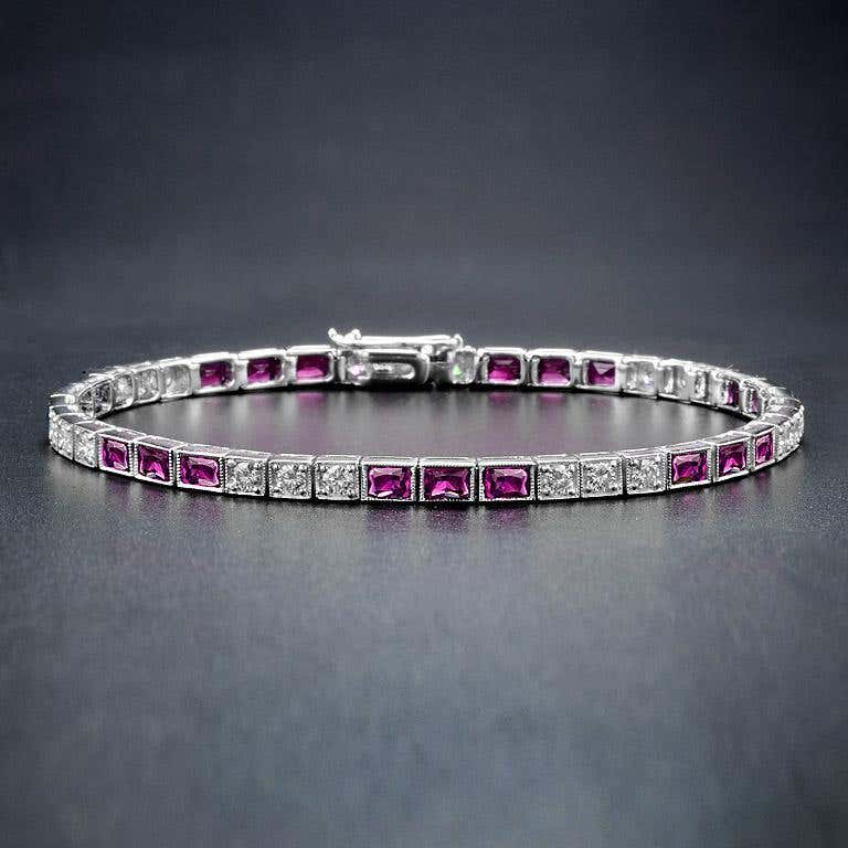 Square Pink Ruby &amp; Diamond Art Deco Style Tennis Line White Gold Bracelet