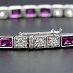 Square Pink Ruby & Diamond Art Deco Style Tennis Line White Gold Bracelet
