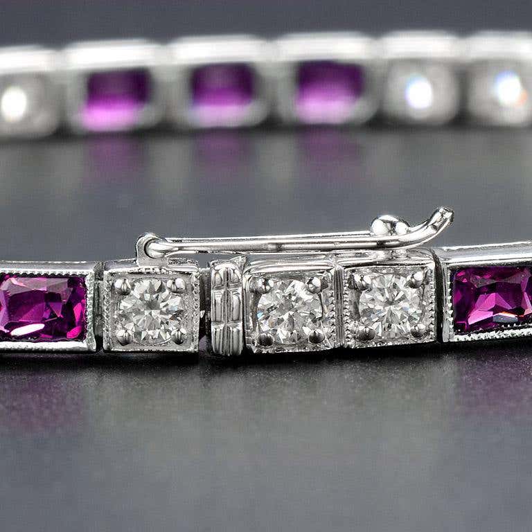 square pink ruby & diamond art deco style tennis line white gold bracelet