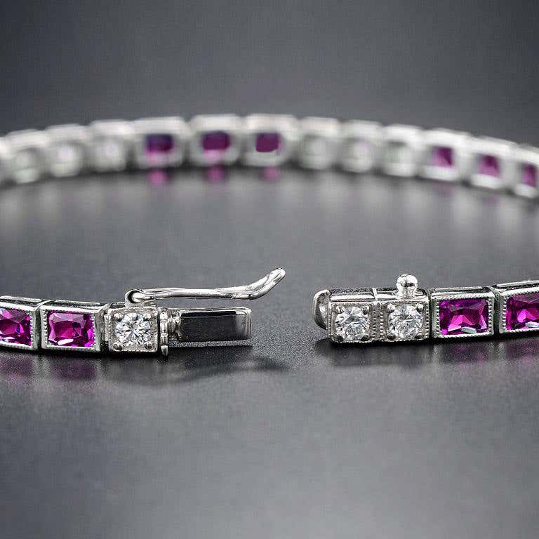 Square Pink Ruby &amp; Diamond Art Deco Style Tennis Line White Gold Bracelet