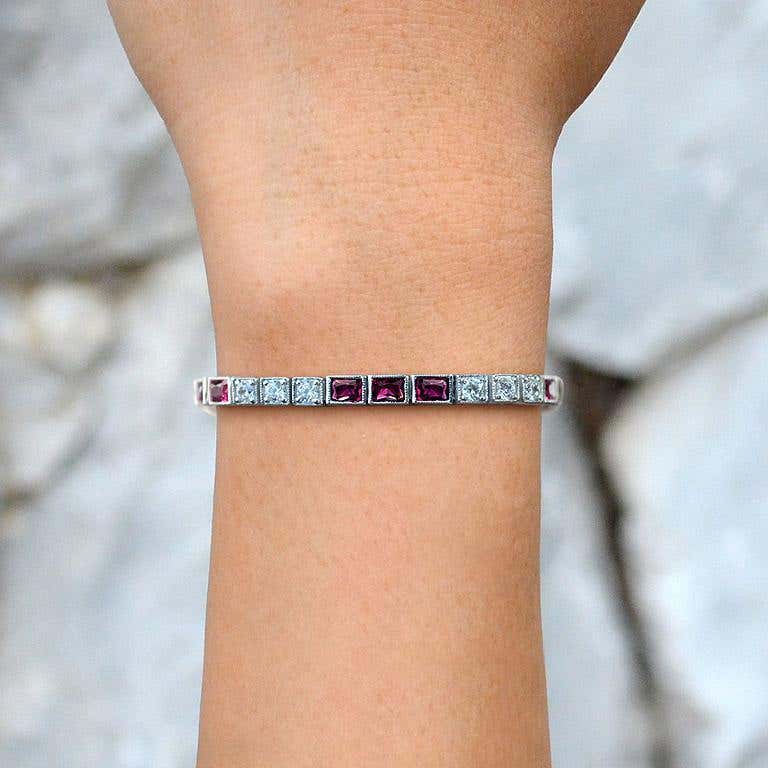 Square Pink Ruby &amp; Diamond Art Deco Style Tennis Line White Gold Bracelet