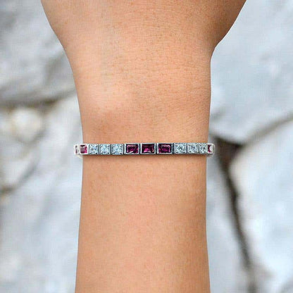 Square Pink Ruby & Diamond Art Deco Style Tennis Line White Gold Bracelet