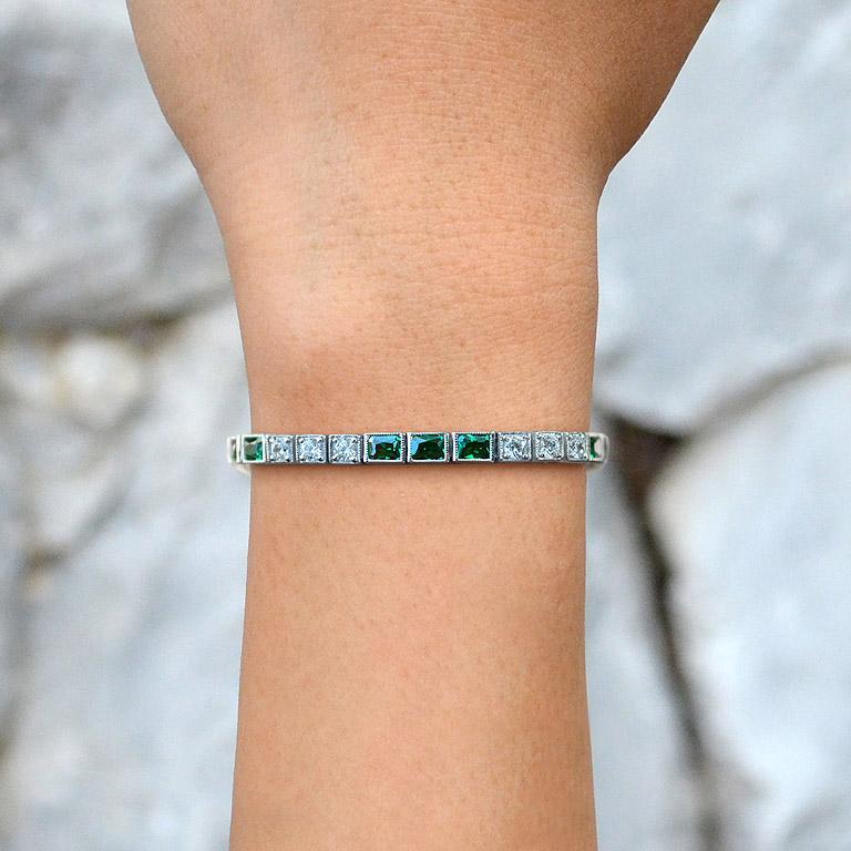 Alternate Square Shape Green Emerald & Diamond White Gold Tennis Line Bracelet