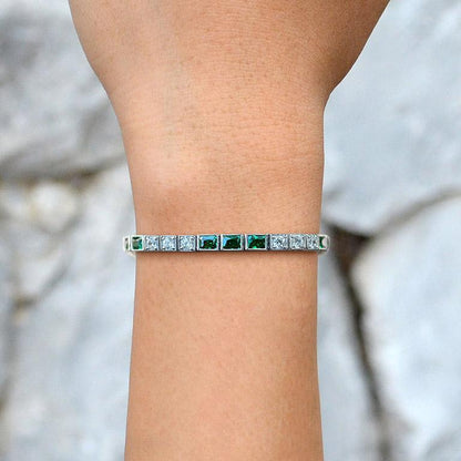 Alternate Square Shape Green Emerald & Diamond White Gold Tennis Line Bracelet