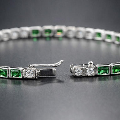 Alternate Square Shape Green Emerald & Diamond White Gold Tennis Line Bracelet