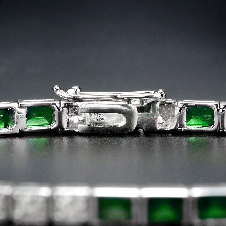 Alternate Square Shape Green Emerald & Diamond White Gold Tennis Line Bracelet