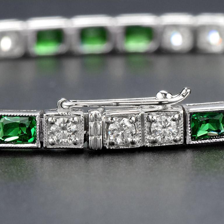 Alternate Square Shape Green Emerald & Diamond White Gold Tennis Line Bracelet