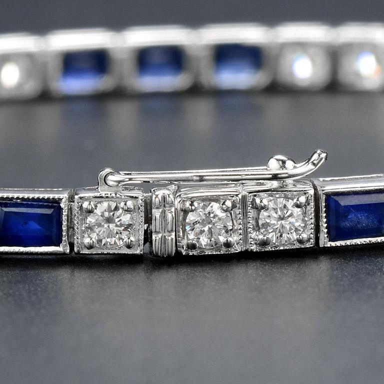 Alternate Square Shape Blue Sapphire & Diamond White Gold Tennis Line Bracelet