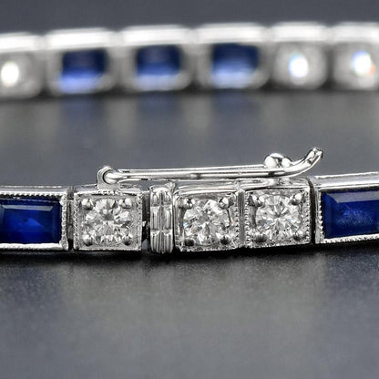 Alternate Square Shape Blue Sapphire & Diamond White Gold Tennis Line Bracelet