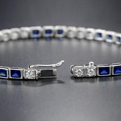 Alternate Square Shape Blue Sapphire & Diamond White Gold Tennis Line Bracelet
