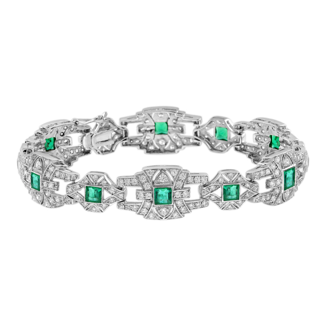 Emerald & Diamond Vintage Inspire Art Deco Style Link White Gold Unique Bracelet