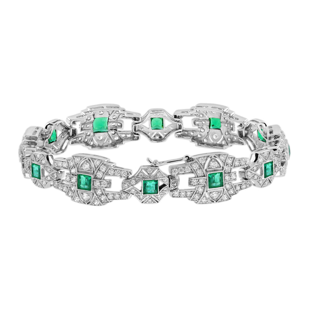 Emerald & Diamond Vintage Inspire Art Deco Style Link White Gold Unique Bracelet