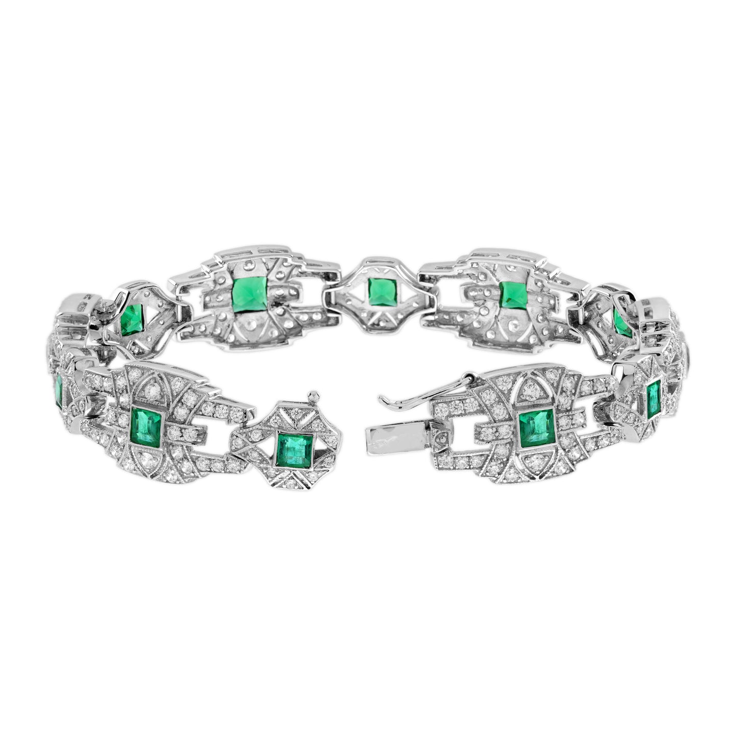 emerald & diamond vintage inspire art deco style link white gold unique bracelet