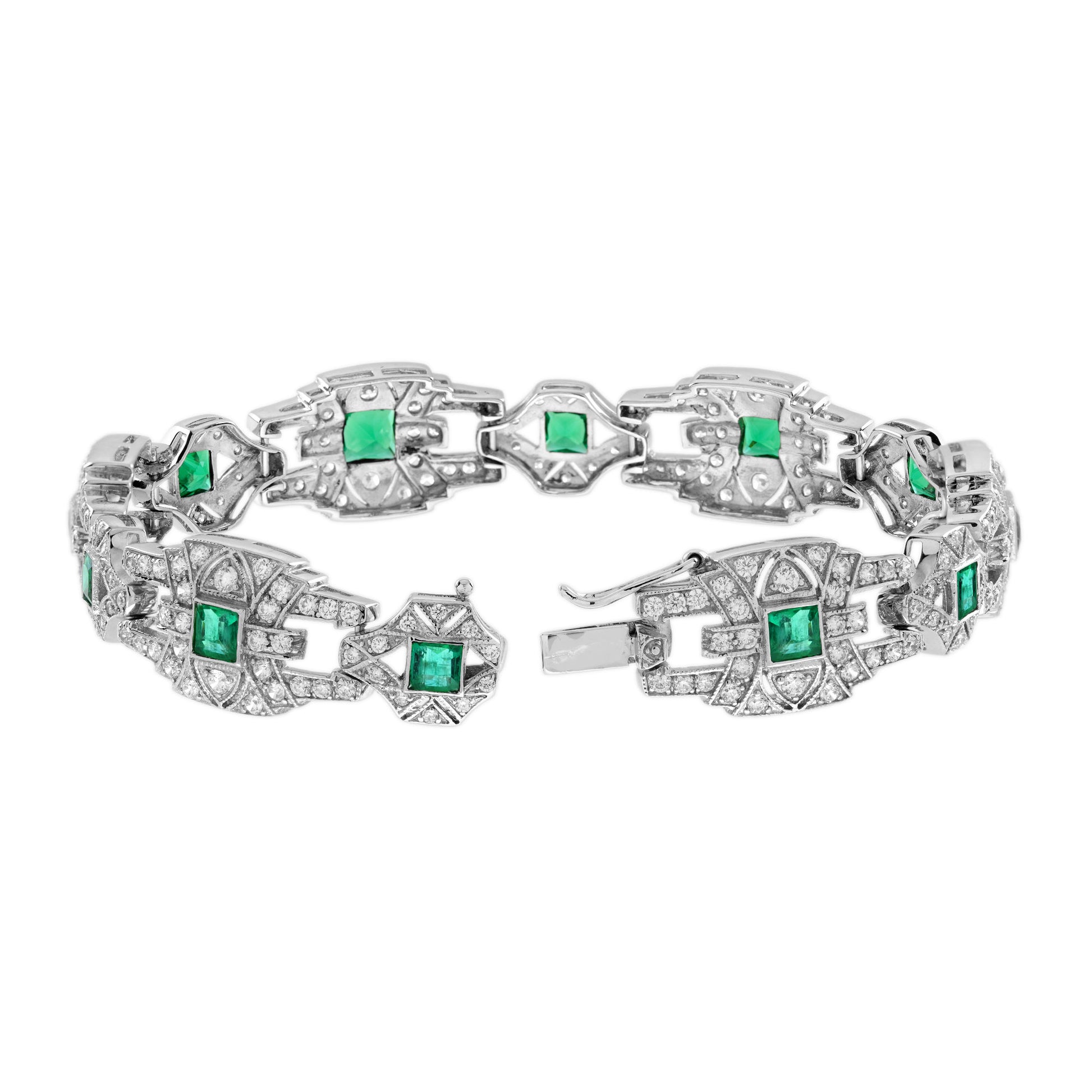 Emerald & Diamond Vintage Inspire Art Deco Style Link White Gold Unique Bracelet
