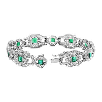 Emerald & Diamond Vintage Inspire Art Deco Style Link White Gold Unique Bracelet