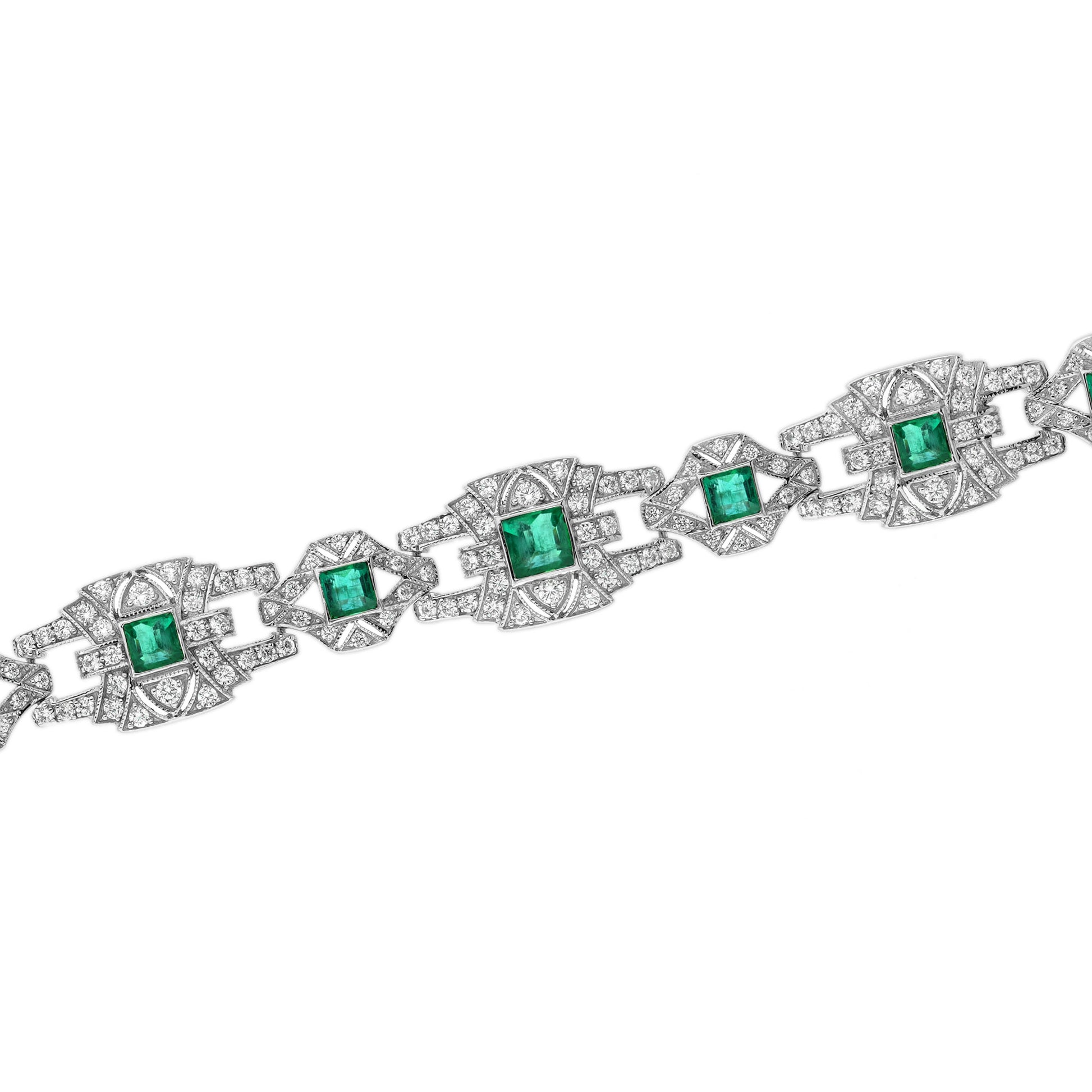 Emerald & Diamond Vintage Inspire Art Deco Style Link White Gold Unique Bracelet
