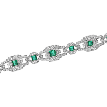 Emerald & Diamond Vintage Inspire Art Deco Style Link White Gold Unique Bracelet