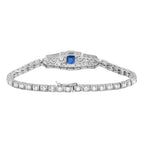 Blue Sapphire & Diamond Vintage Inspired Art Deco Style White Gold Line Bracelet
