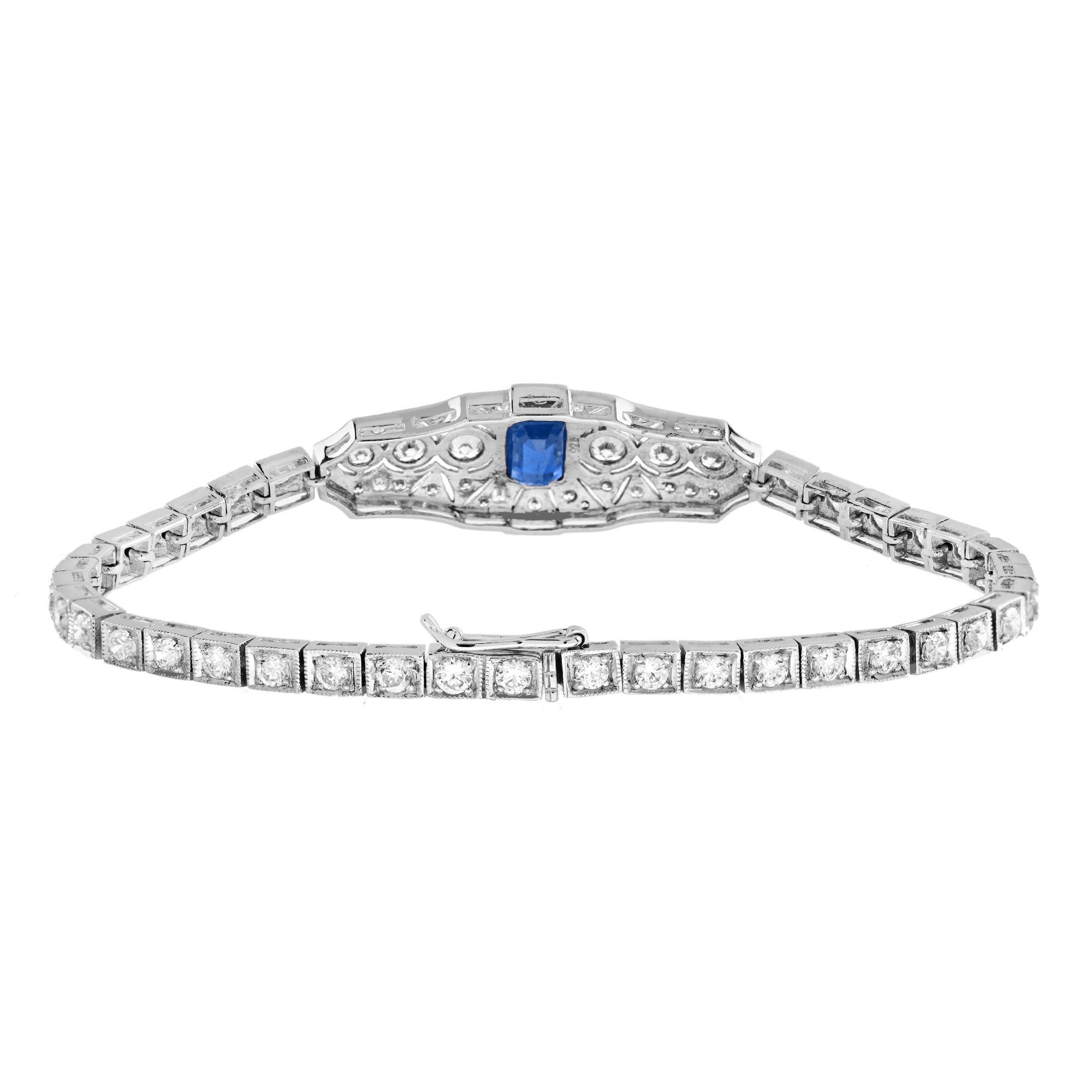 Blue Sapphire & Diamond Vintage Inspired Art Deco Style White Gold Line Bracelet