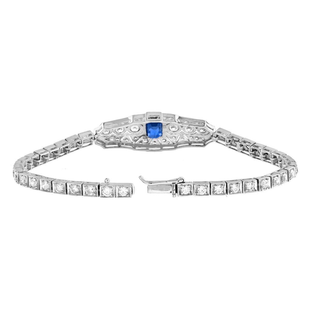Blue Sapphire & Diamond Vintage Inspired Art Deco Style White Gold Line Bracelet