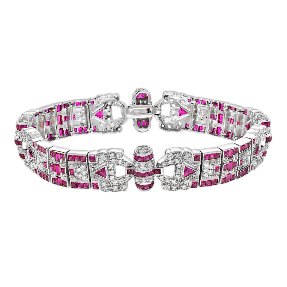 Pink Ruby &amp; Diamond Vintage Style Antique Inspired Unique White Gold Bracelet