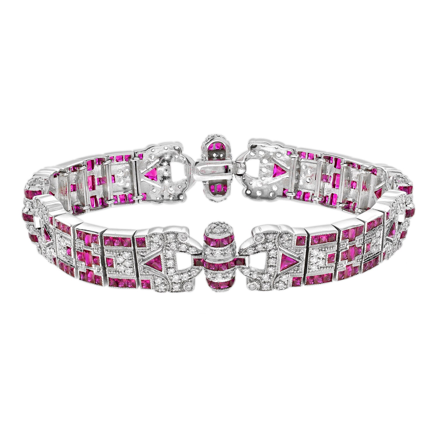 Pink Ruby &amp; Diamond Vintage Style Antique Inspired Unique White Gold Bracelet