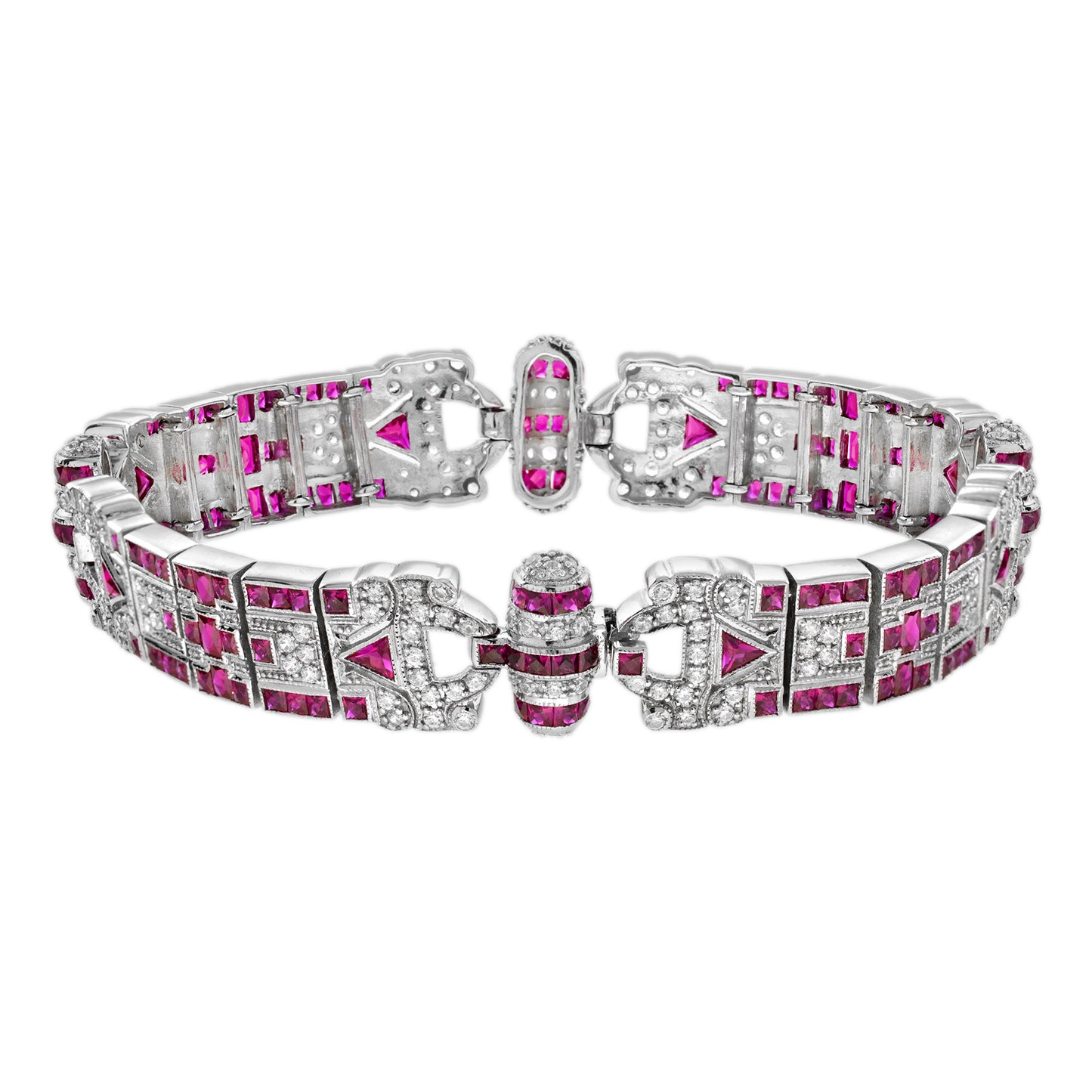 pink ruby & diamond vintage style antique inspired unique white gold bracelet