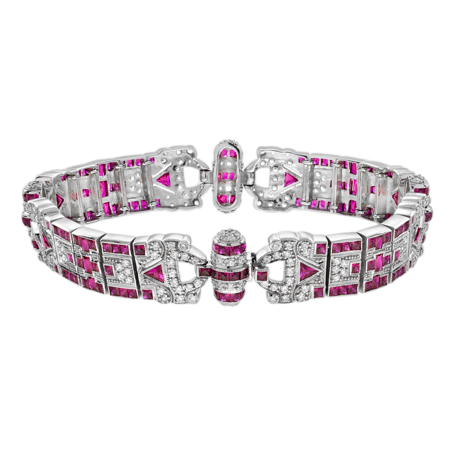Pink Ruby &amp; Diamond Vintage Style Antique Inspired Unique White Gold Bracelet