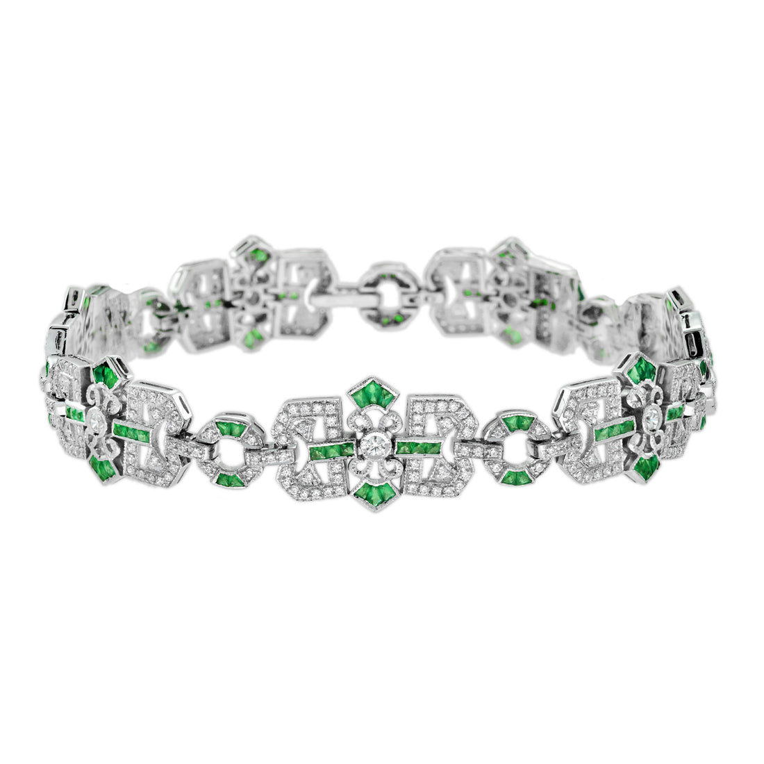 Diamond & Emerald Vintage Inspired Art Deco Filigree Style Link White Bracelet